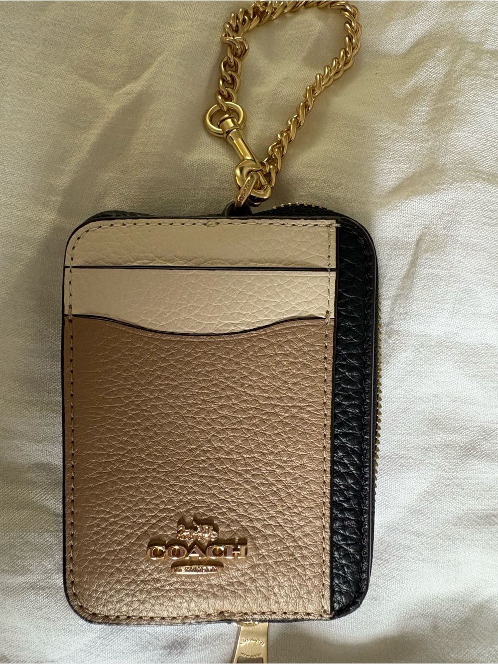 Coach Colorblock Pebbled Leather Card Case with Chain - Taupe Black Cream